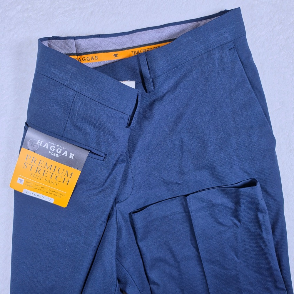 NEW Haggar H26 Premium Stretch Mens 36x30 Blue Shadow Check Tailored Fit HY70304